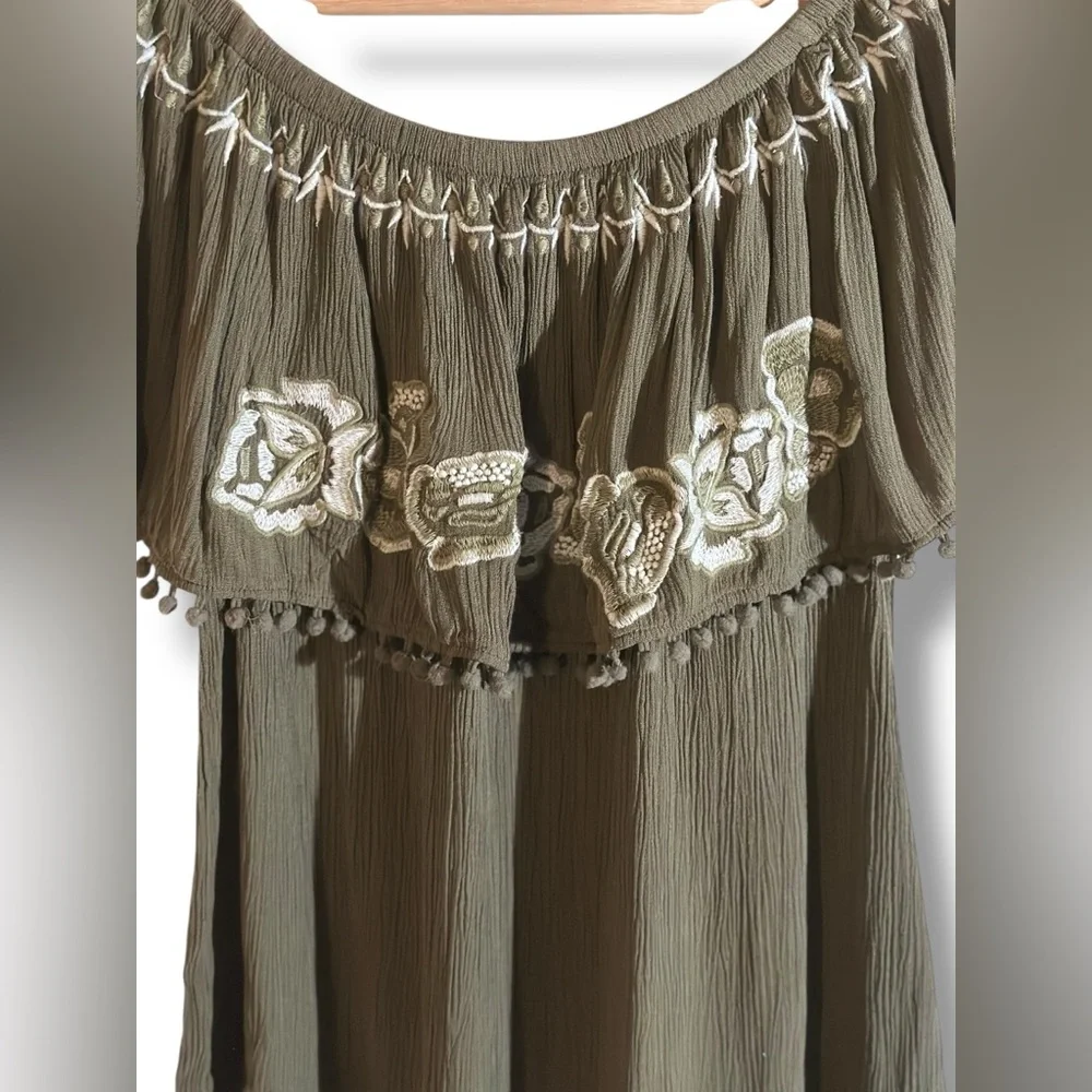 Blue Rain | Embroidered Olive Green Women's Shorts Sleeve Rayon Peplum Top - Picture 4 of 15